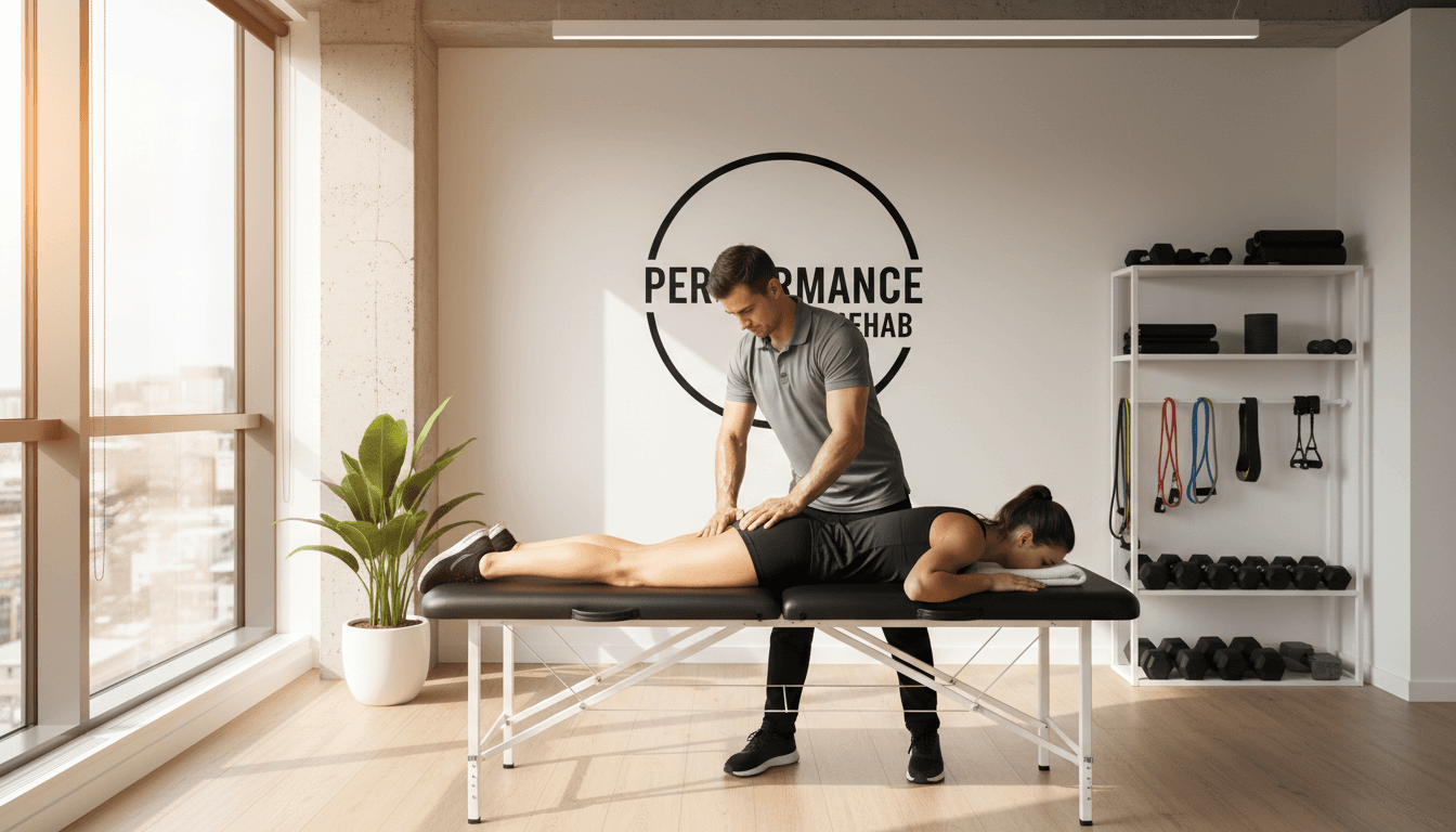 Athlete receiving hands-on treatment in a clean, modern sports therapy clinic
