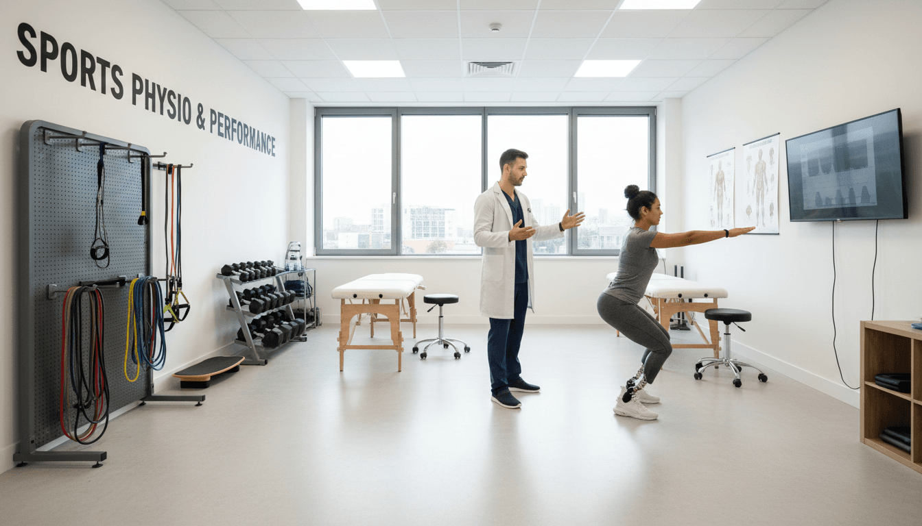 sports therapist consulting with athlete in bright modern clinic