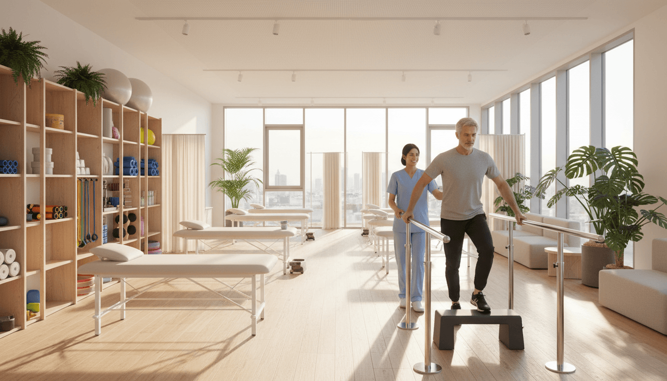 Athlete stretching in a modern rehabilitation clinic