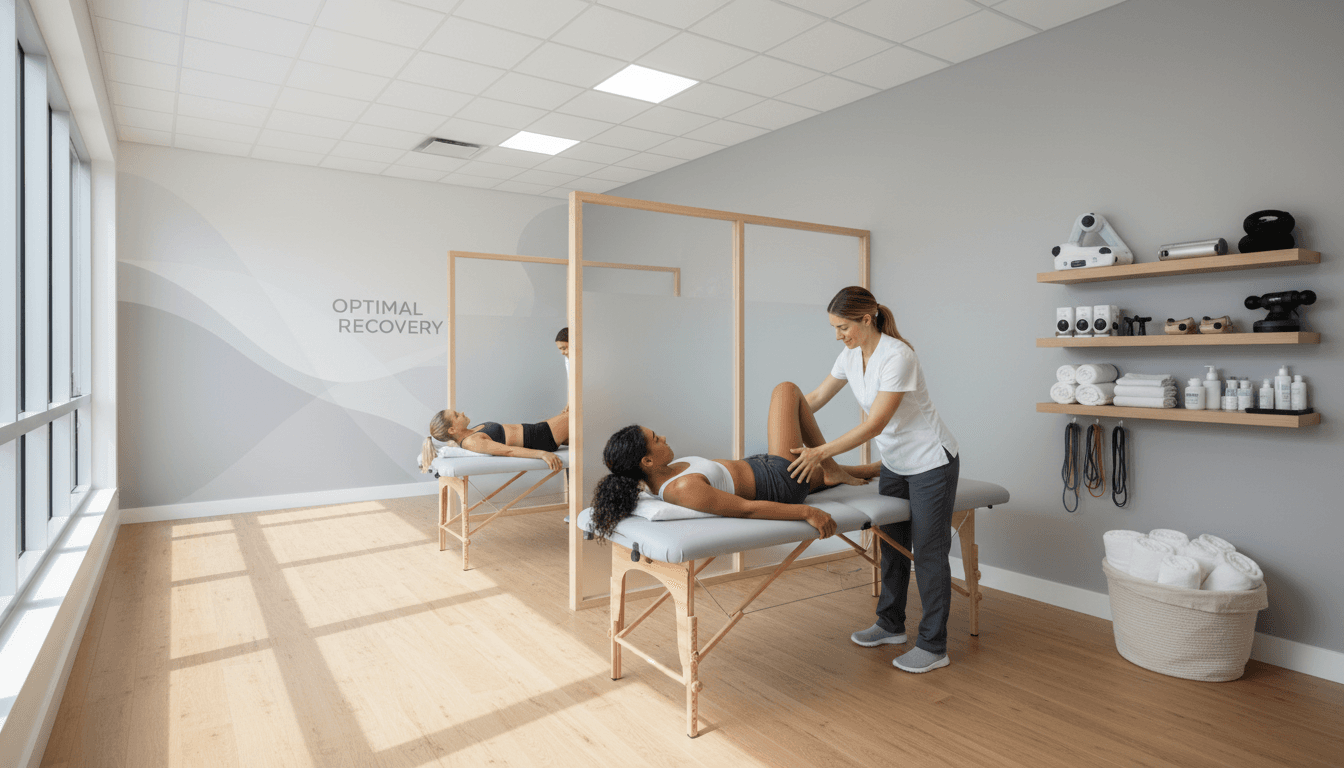 Modern sports therapy clinic in Toronto with treatment table and exercise equipment