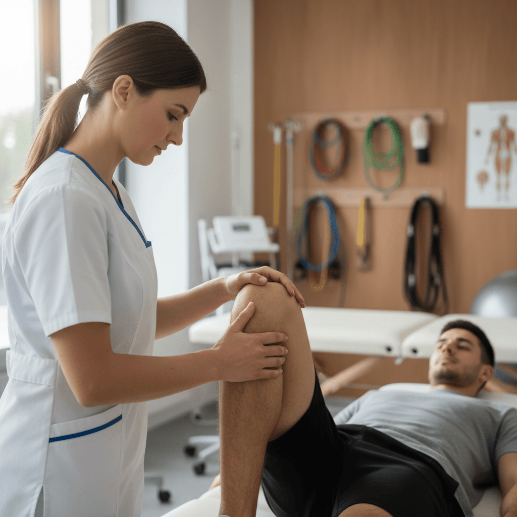 sports therapist assessing athlete in clinic