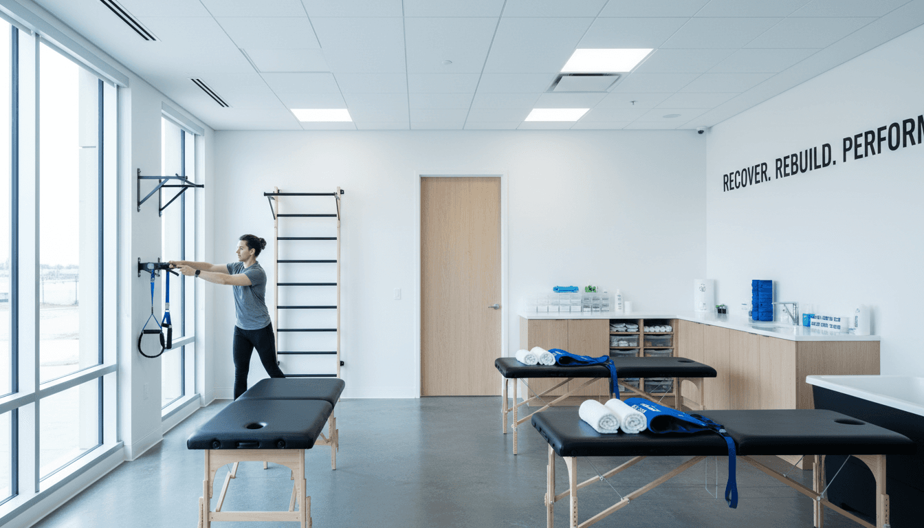 Bright treatment room in a sports therapy clinic with assessment table and resistance bands